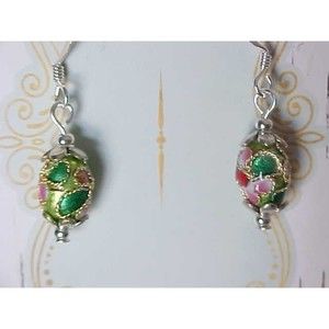 B2G1 Church Sunday Green Mini Easter Egg Earrings Cloisonne Faberge Basket Gift